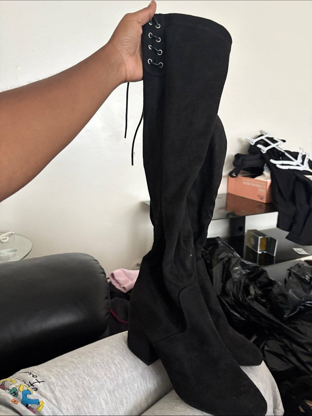 Fashion Nova Black Over-the-Knee Lace-Up Suede Boots